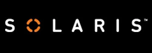 Solaris logo with stylized letters on a dark blue background.