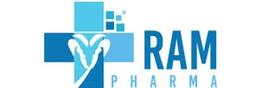 Logo for RAM Pharma featuring a blue cross with a stylized hand symbol and the company name in blue text.