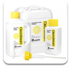 A set of cleaning products including three bottles with yellow caps and a white spray nozzle, labeled 'CleanStream' and 'CleanStream Pouring System'.