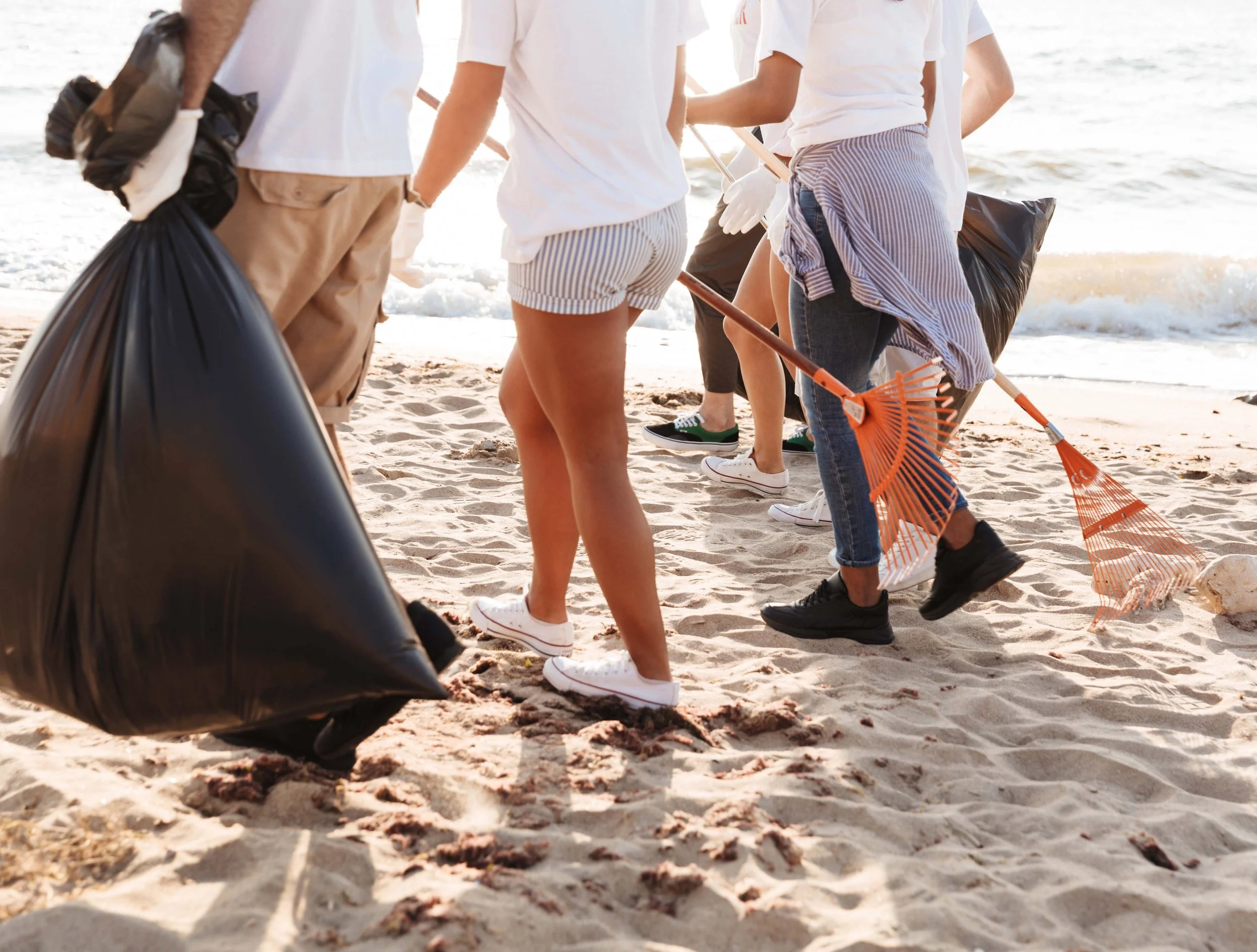 Social impact program team cleaning up the beach and carrying black trash bags and rakes.