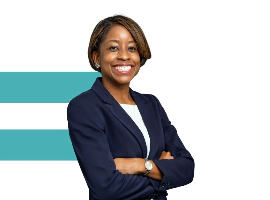 confident nonprofit executive director with Mission Edge branding behind them