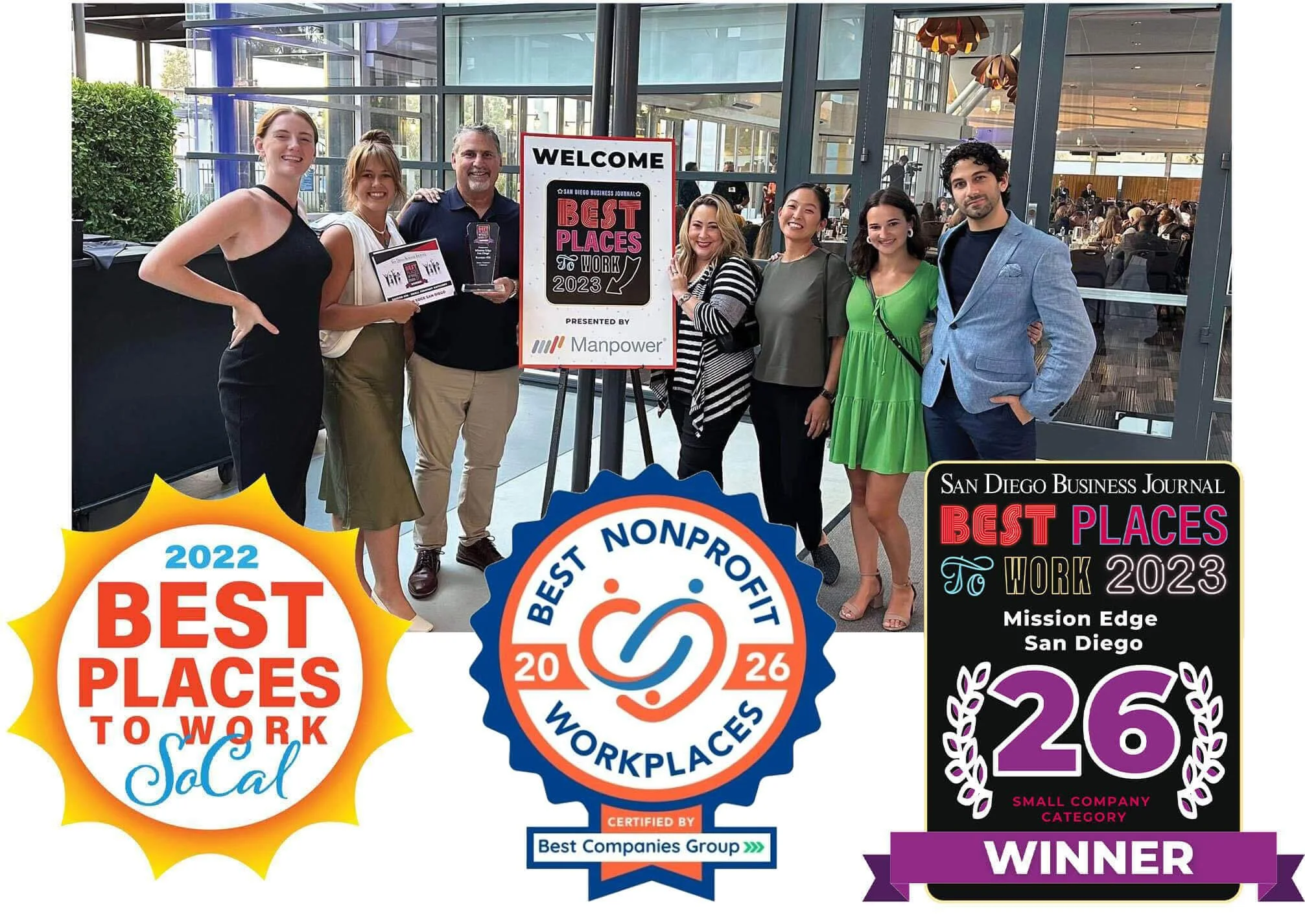 Smiling mission edge team with 2026 best nonprofit workplaces award.