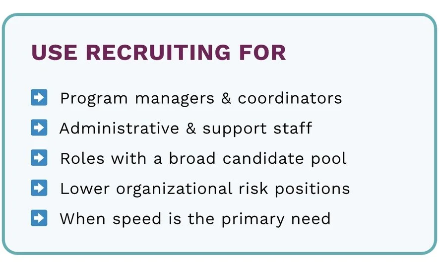 chart breaking down overview of when to use recruiting to fill nonprofit roles