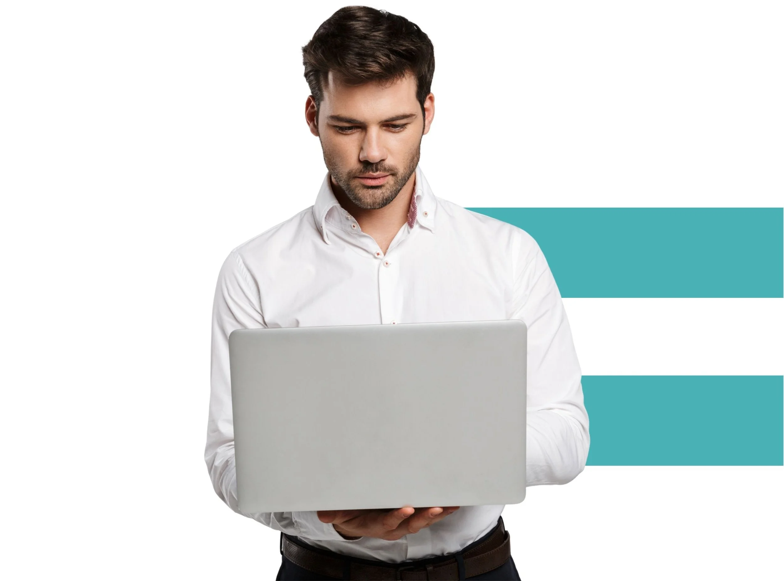 Professional nonprofit accountant wearing white button-up shirt holding laptop and typing.