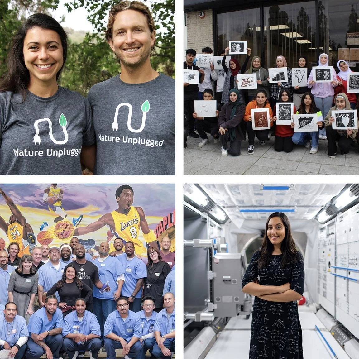 four images showing fiscally sponsored projects of mission edge, including nonprofit leaders, children holding art projects, and team photos