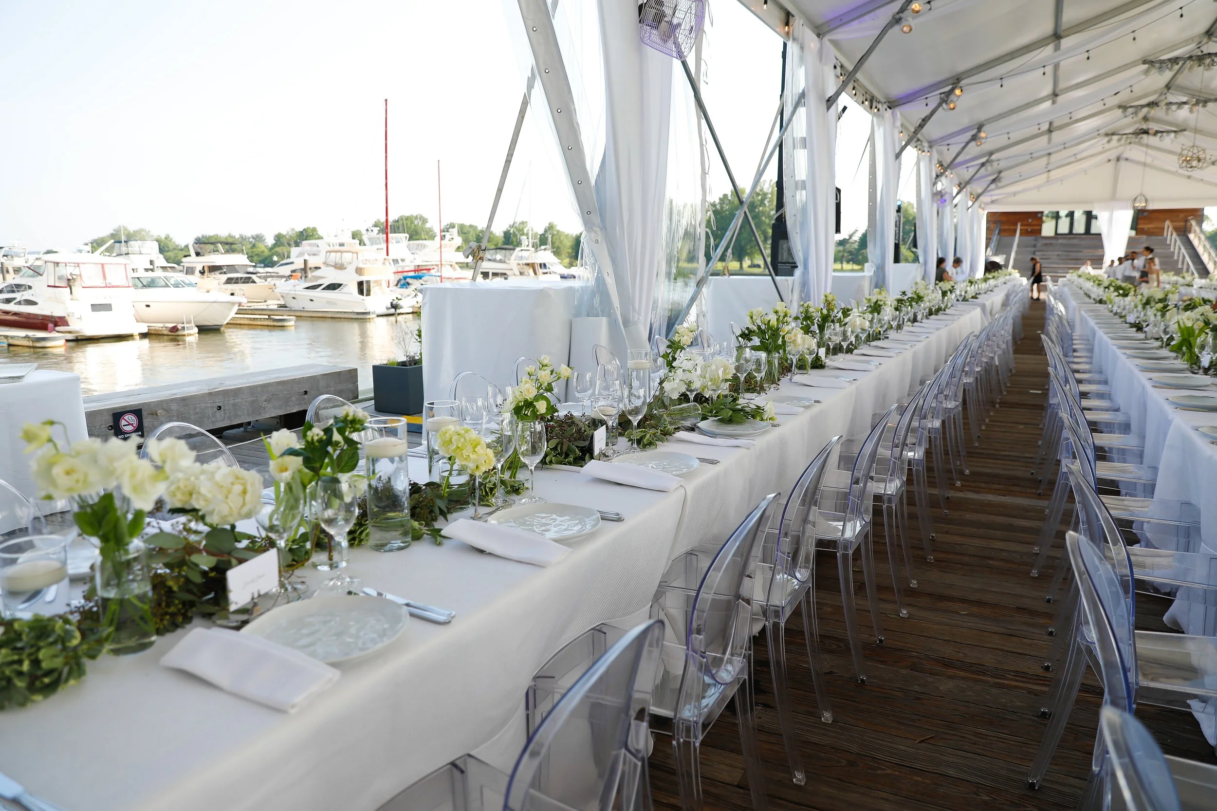 event table in an elegant setting at The Wharf in Washington, DC. Event produced by Stratus Firm.