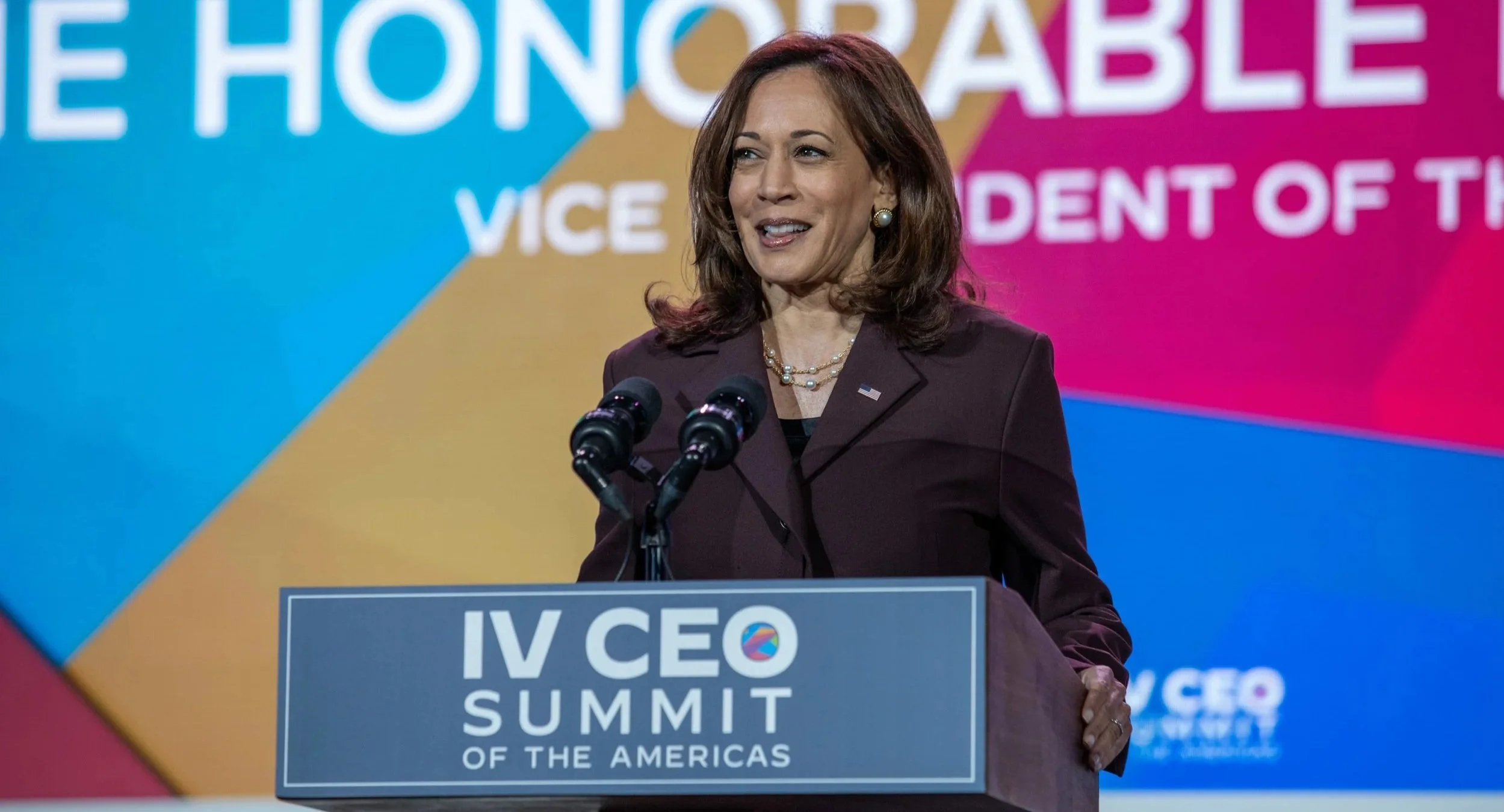 Kamala Harris speaks at the IV CEO Summit of the Americas, a diplomatic event produced by Stratus Firm