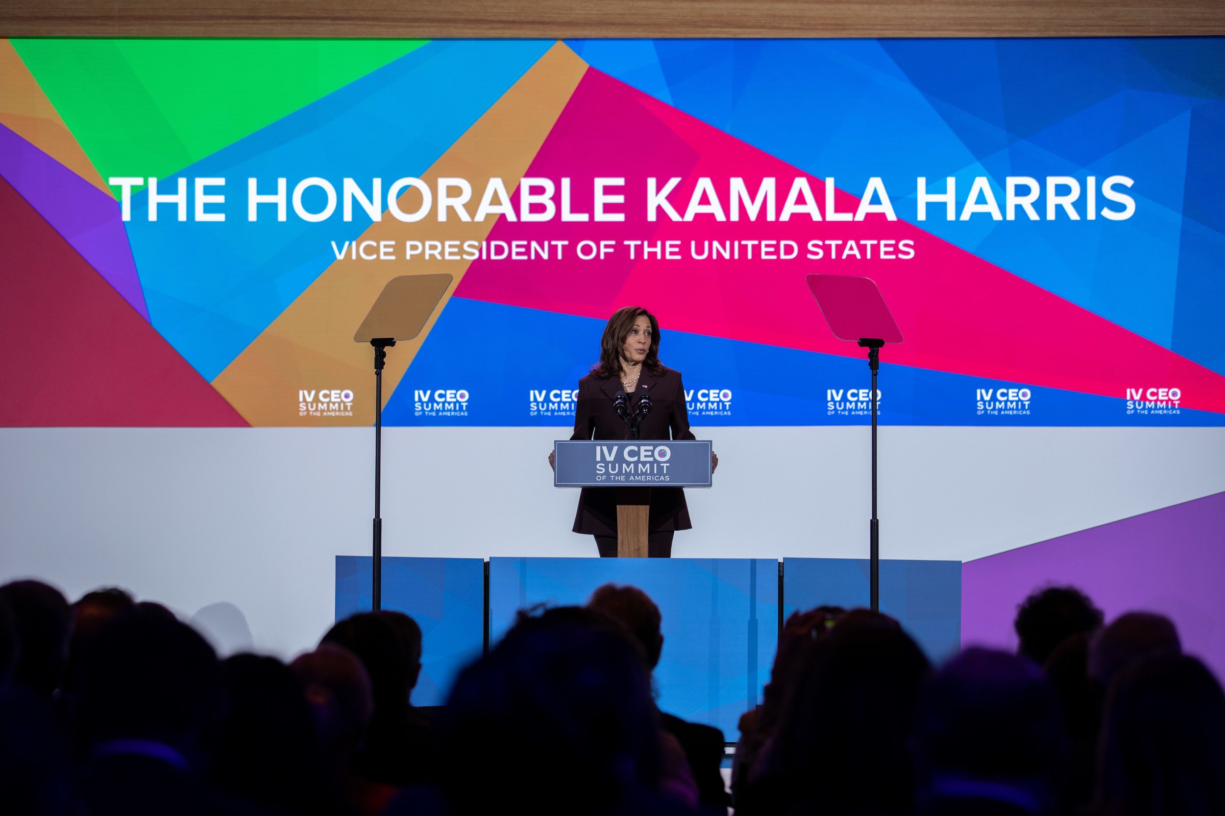 Kamala Harris on stage at the IV CEO Summit of the Americas, an event produced by Stratus Firm, an event production company located in Washington, D.C.