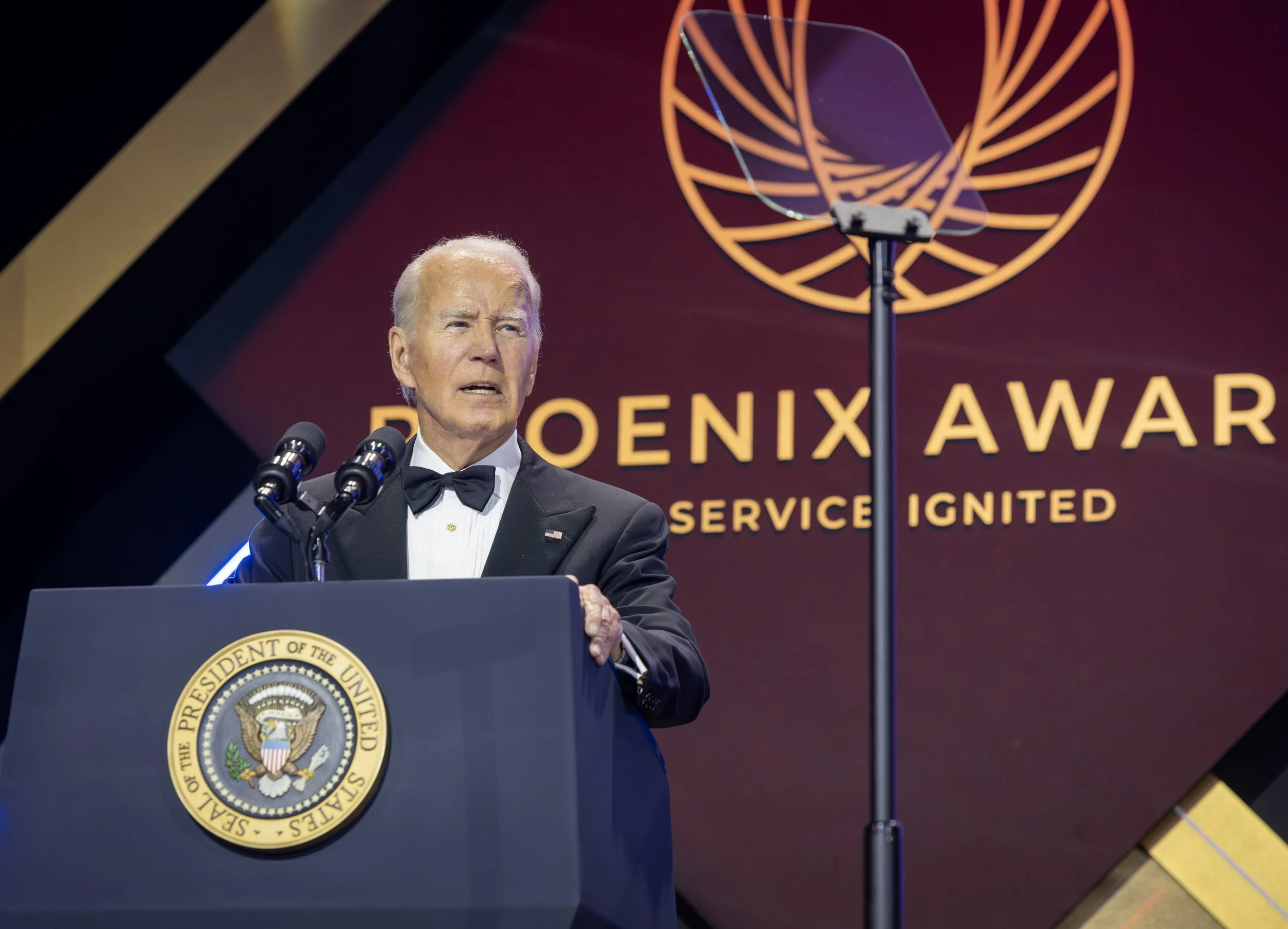 Former President Joe Biden standing behind a podium during the Phoenix Awards gala during the 2024 Congressional Black Caucus Foundation's Annual Legislative Conference in Washington. D.C. Event produced by event production company Stratus Firm.
