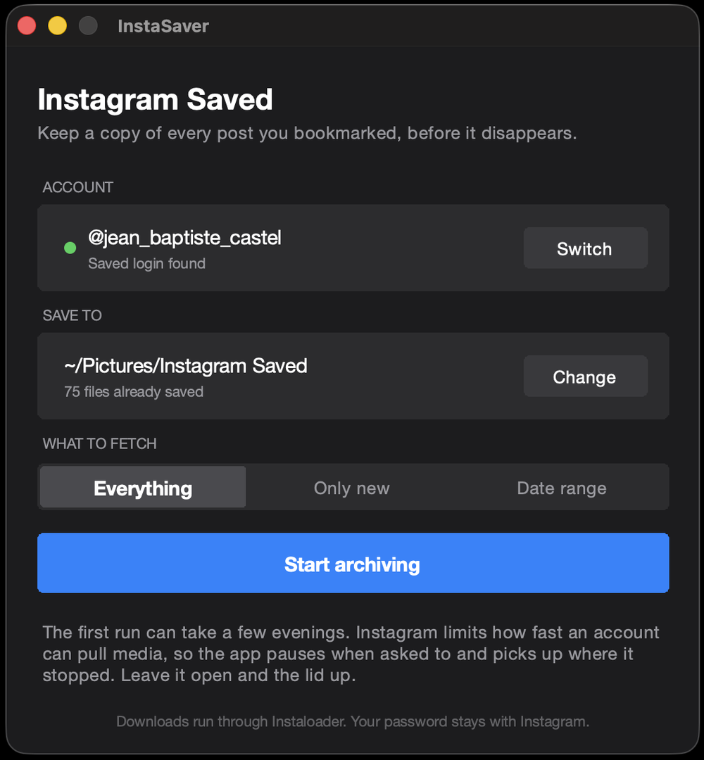 The InstaSaver app window, showing the account, the folder it saves to, and a Start archiving button.