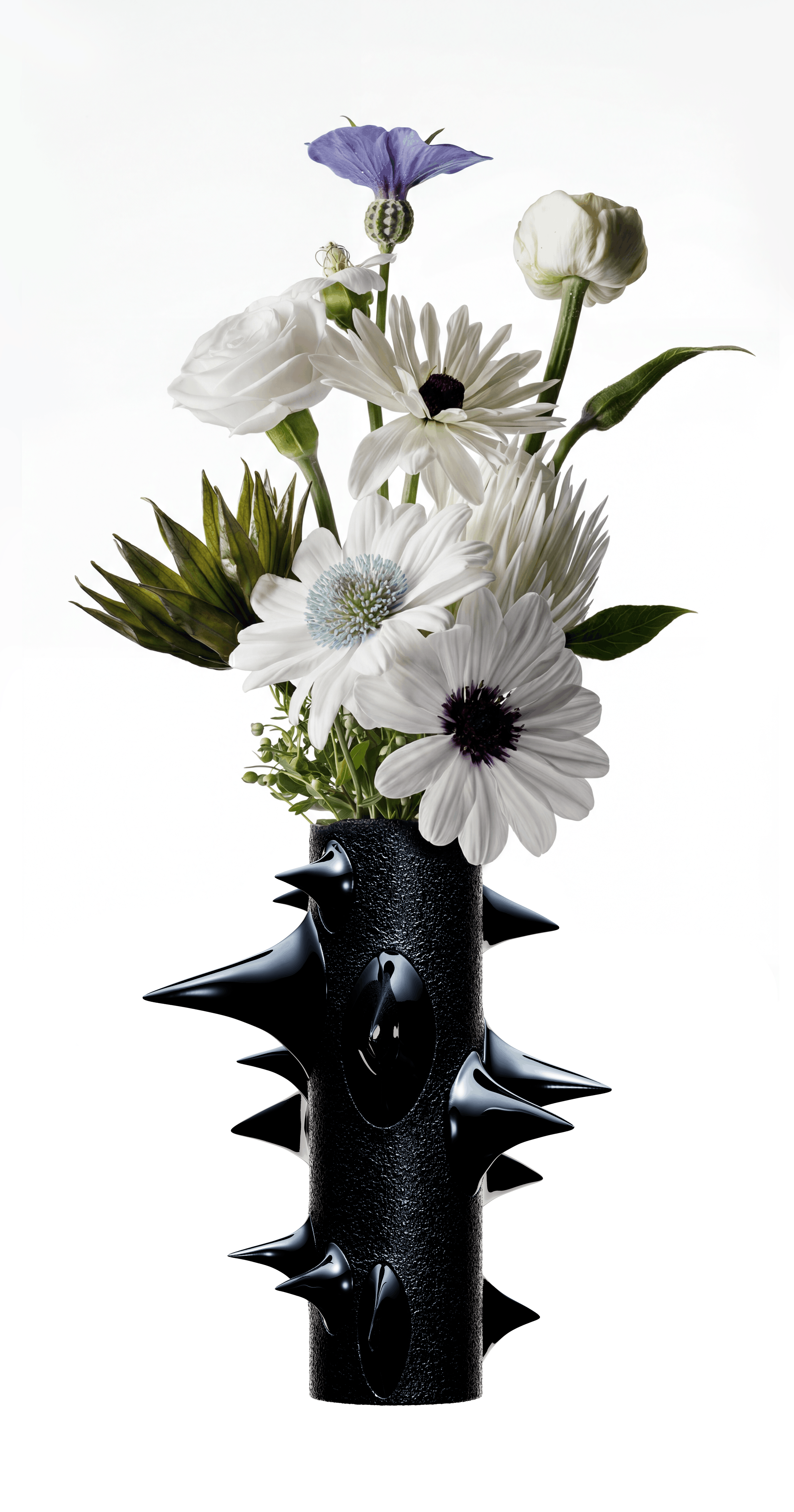 CGI 3D render of a black spiked designer vase with flowers by Gast Studio Amsterdam, photoreal homeware product visualization for luxury and lifestyle brands