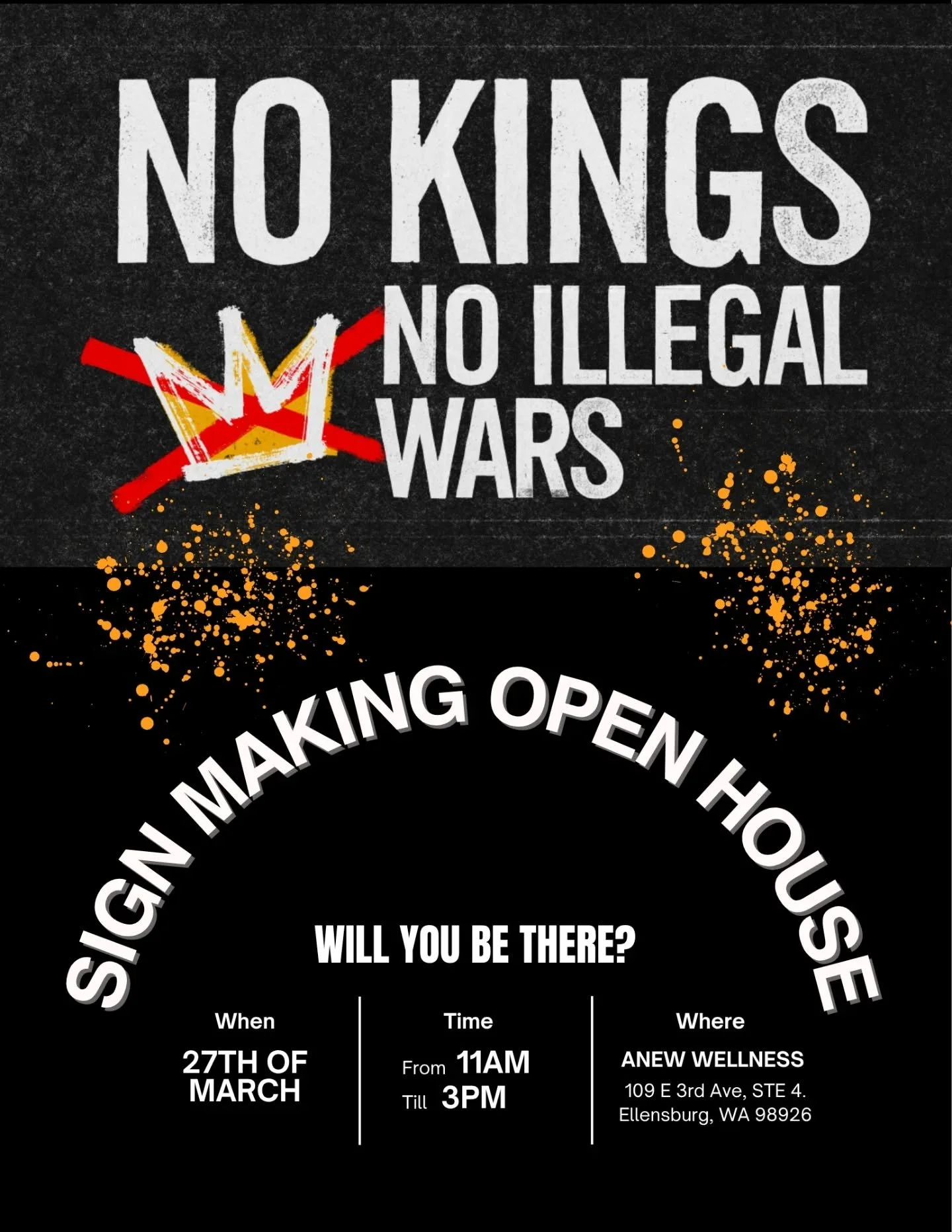 On March 27th we are opening up the event space to all who would like to come and make a sign to prepare for the March 28th No Kings Event taking place at University Way.

We will be providing some complimentary sign making materials but the more the