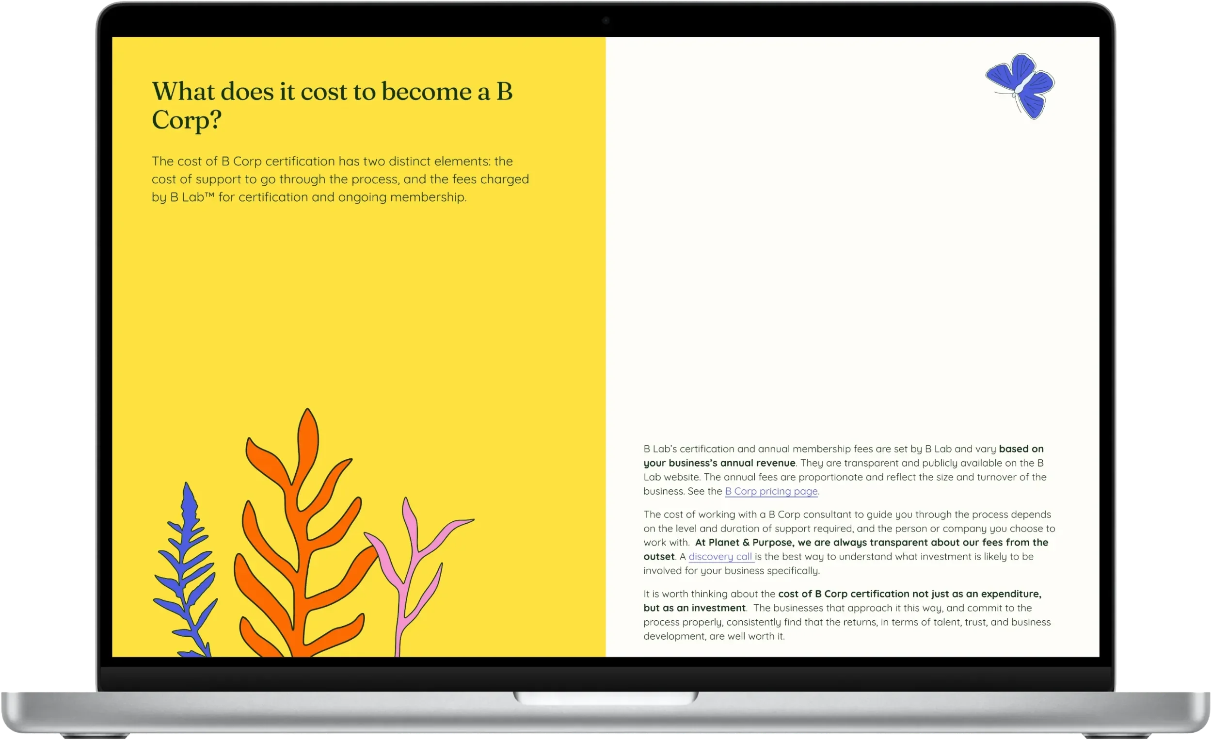 Planet & purpose website preview showing colourful What is B Corp? page