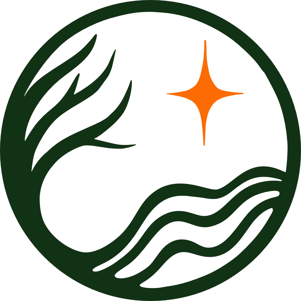 Hand-drawn logo mark featuring a star beside tree branches and above waves in a circle