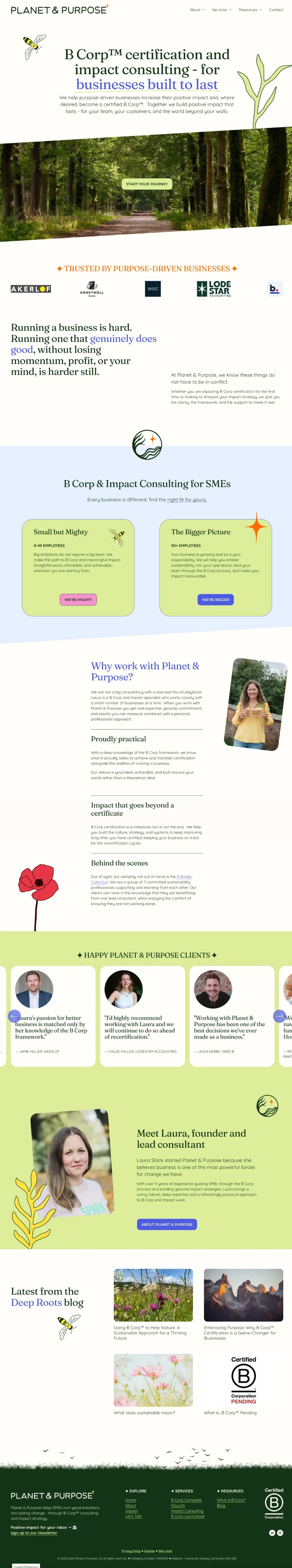 Home page screenshot, Planet & Purpose website