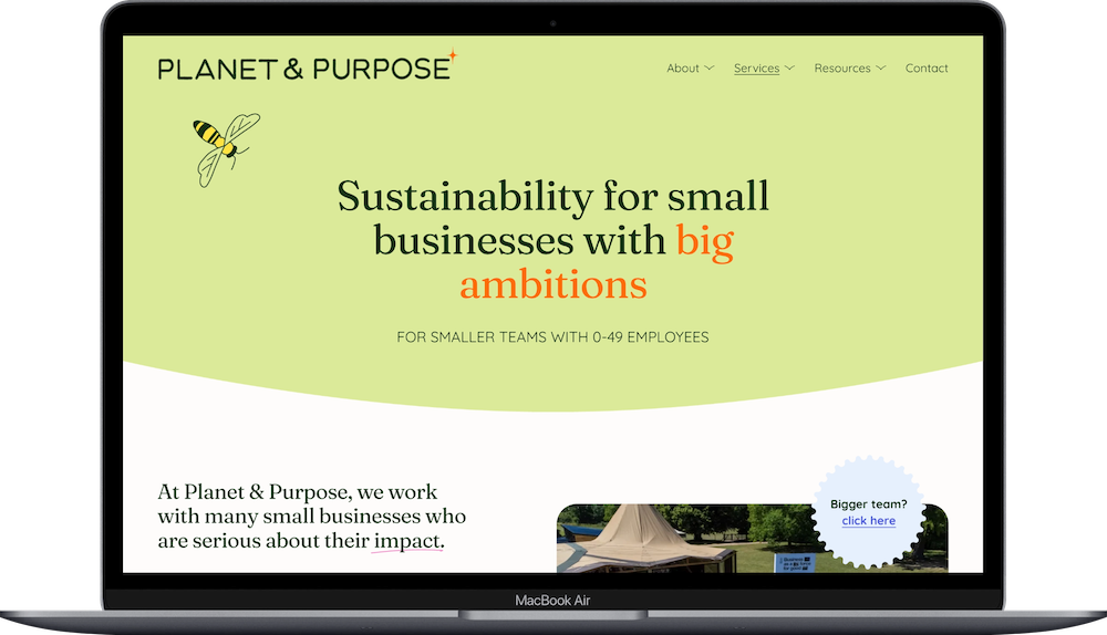 Macbook mockup of Planet & Purpose small business sustainability website page