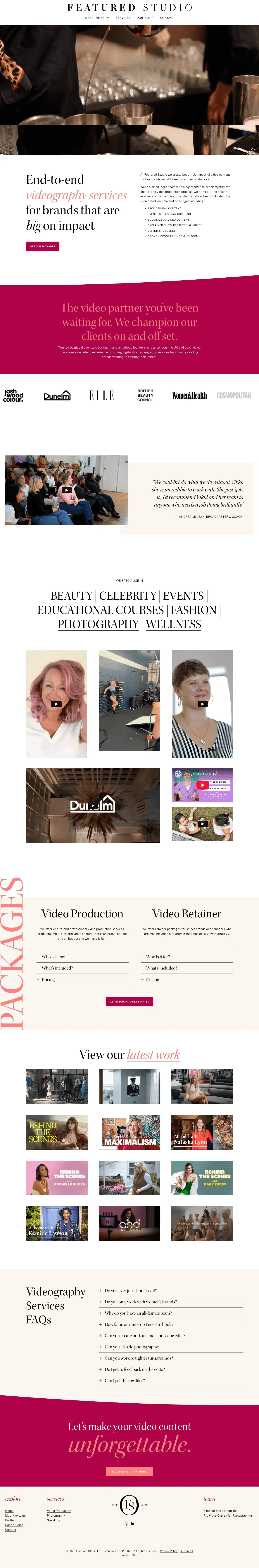 Featured Studio Services web page screenshot
