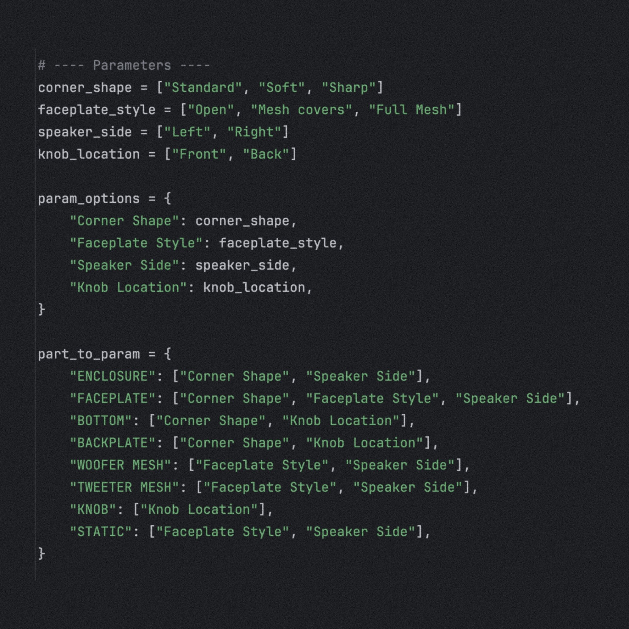 Defining the parameters in python that are then used to generate the configurations and logic statements