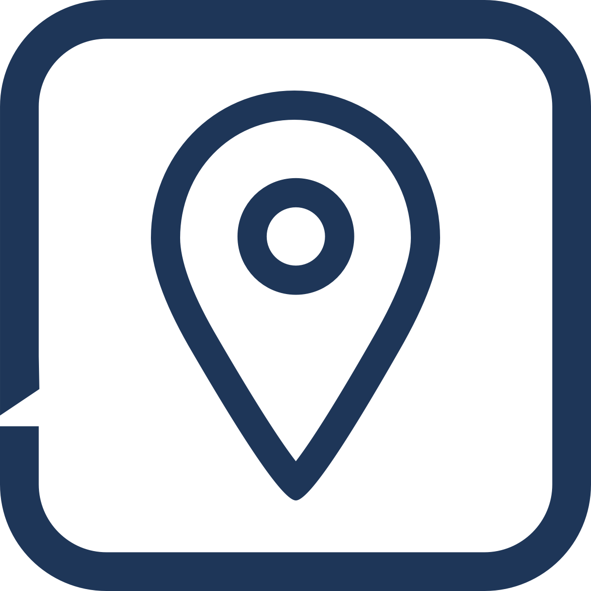 A dark blue map pin icon inside a rounded square with a dotted border.