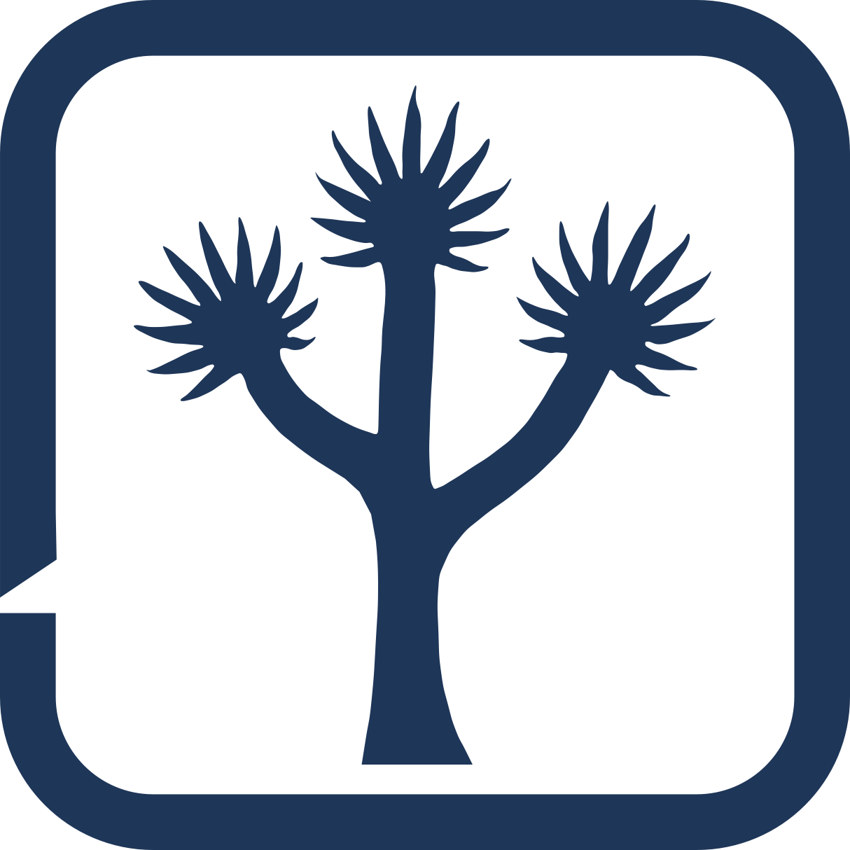 A black square with a blue border featuring a blue silhouette of a tree with three branches and spiky leaves.