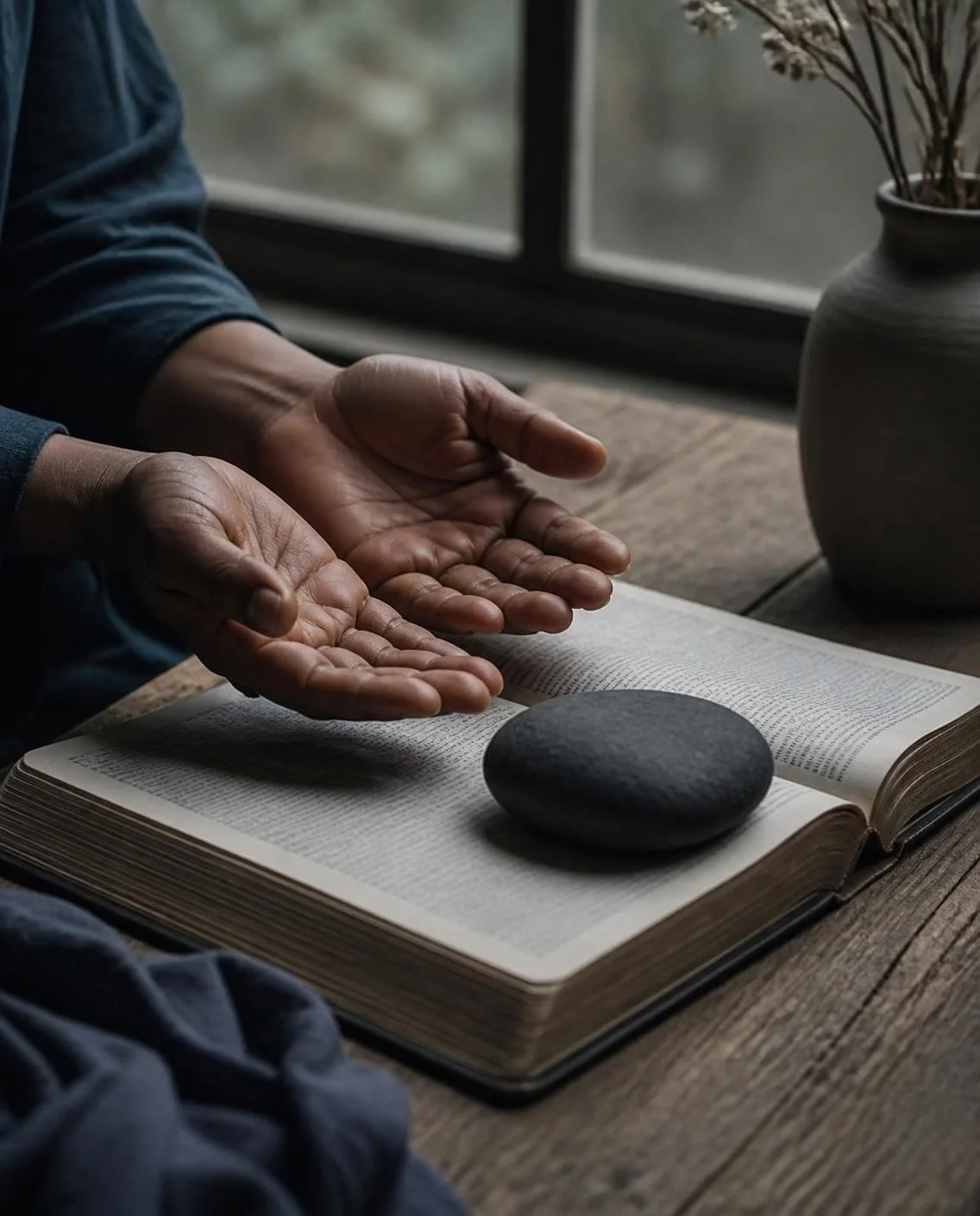 Weight: open hands and a stone set down on a Bible