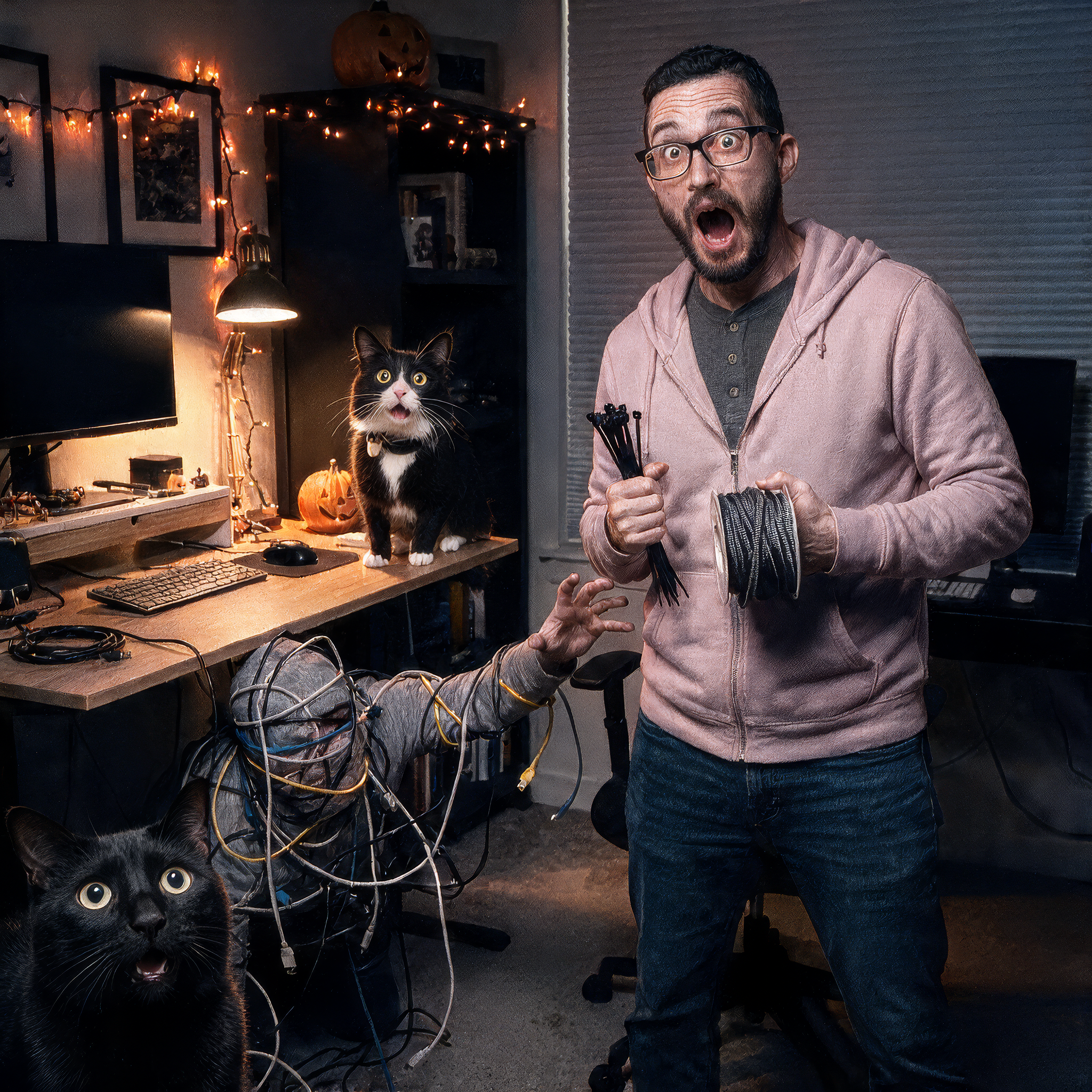 Human and cats surprised by cable mummy