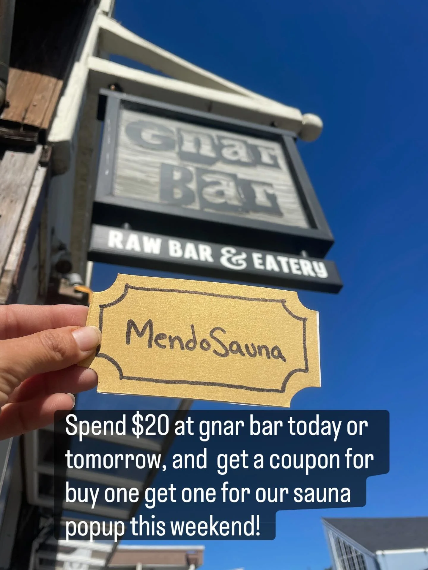 If you were sad to not find the Gnar Bar X MendoSauna golden ticket this week, pop over for our second tandem promo. Today and tomorrow, spend $20 at @gnarbarmendo  and get a coupon for a buy one get one free sauna session this Friday and Saturday at