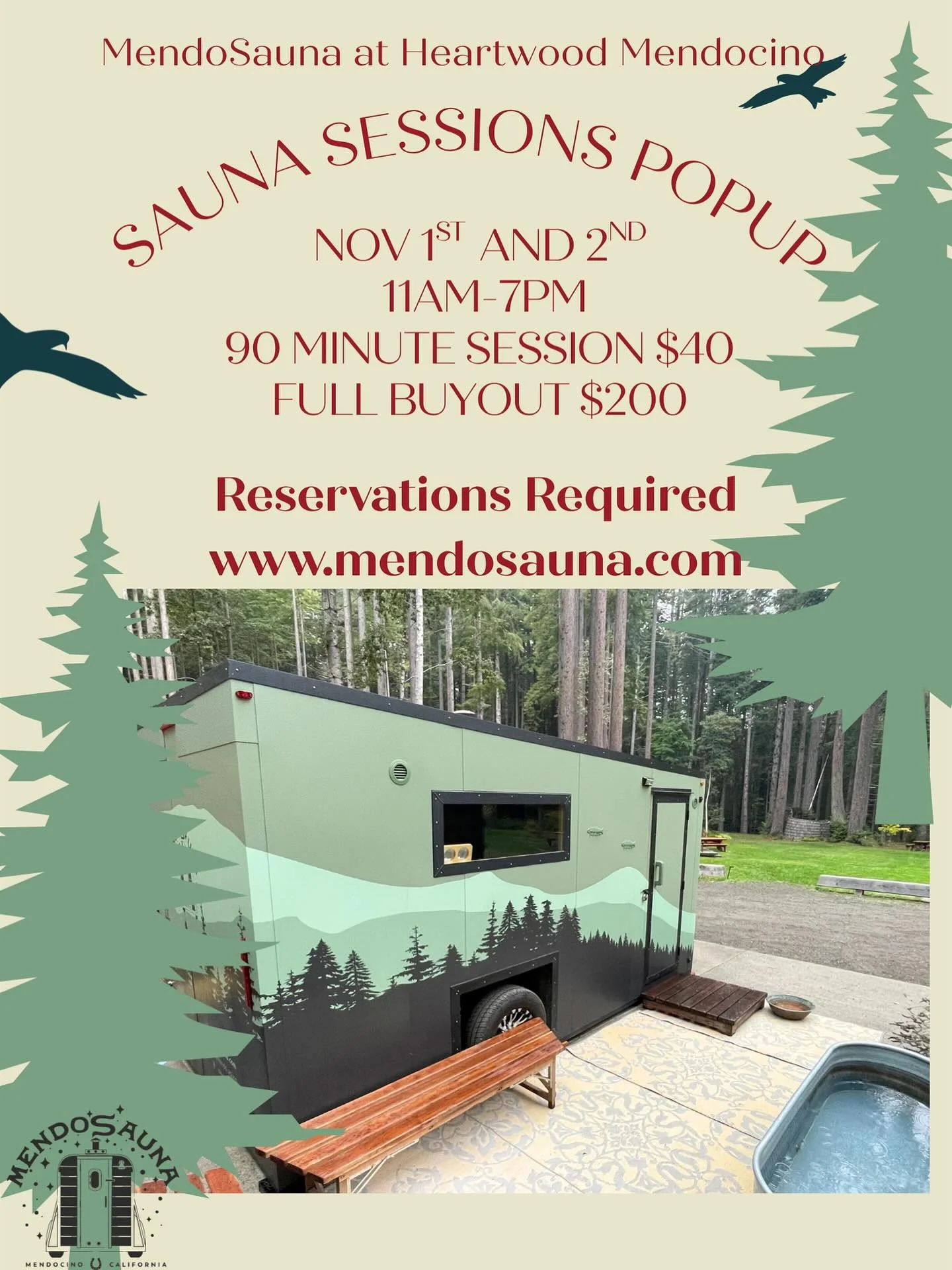 We will be back at @heartwood_mendocino  this weekend!  And if you book a cabin with them you get half priced saunas! What’s not to love about that?! Looking forward to a post Halloween unwind with your favorite lil sauna company ?? 90 minute