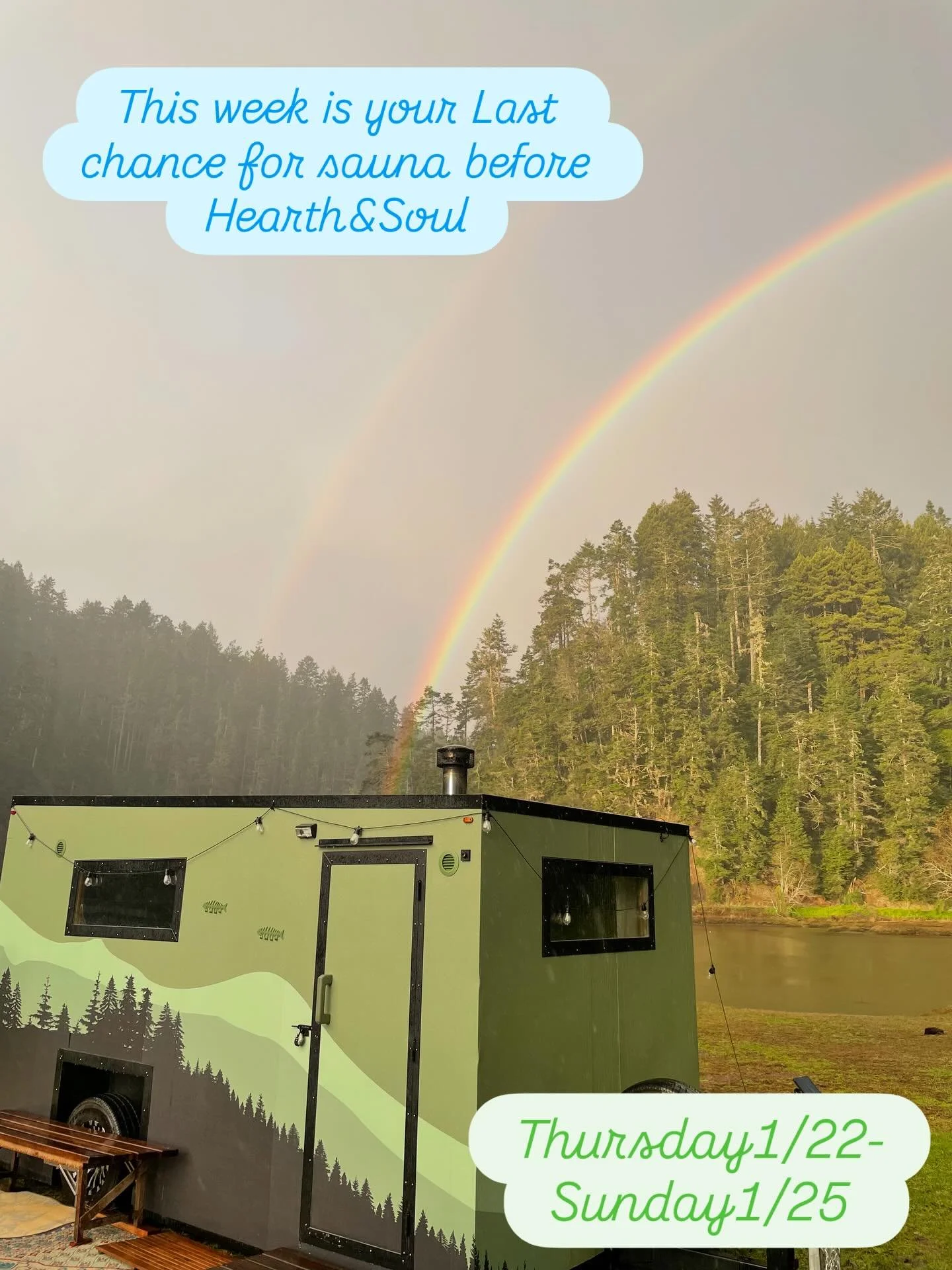 After this weekend We&rsquo;ve got to shuffle the rigs around for our big event coming in early February at Heartwood !! So this is your last call for JANUARY SAUNA!!! We have a new set up down at the field station, nearer to the dock than ever, and 