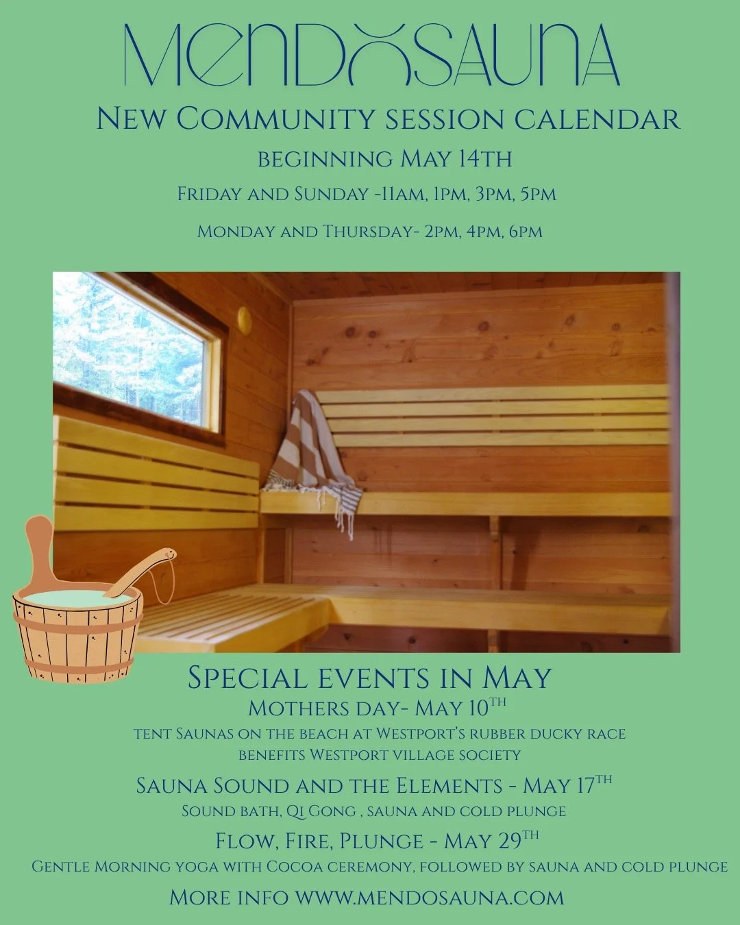 Patrons and friends- a slight adjustment to our regular session service is now confirmed. Our new Community session calendar now offers 4 possible days of sauna including 6pm afterwork sessions Monday and Thursday! We also have several special events