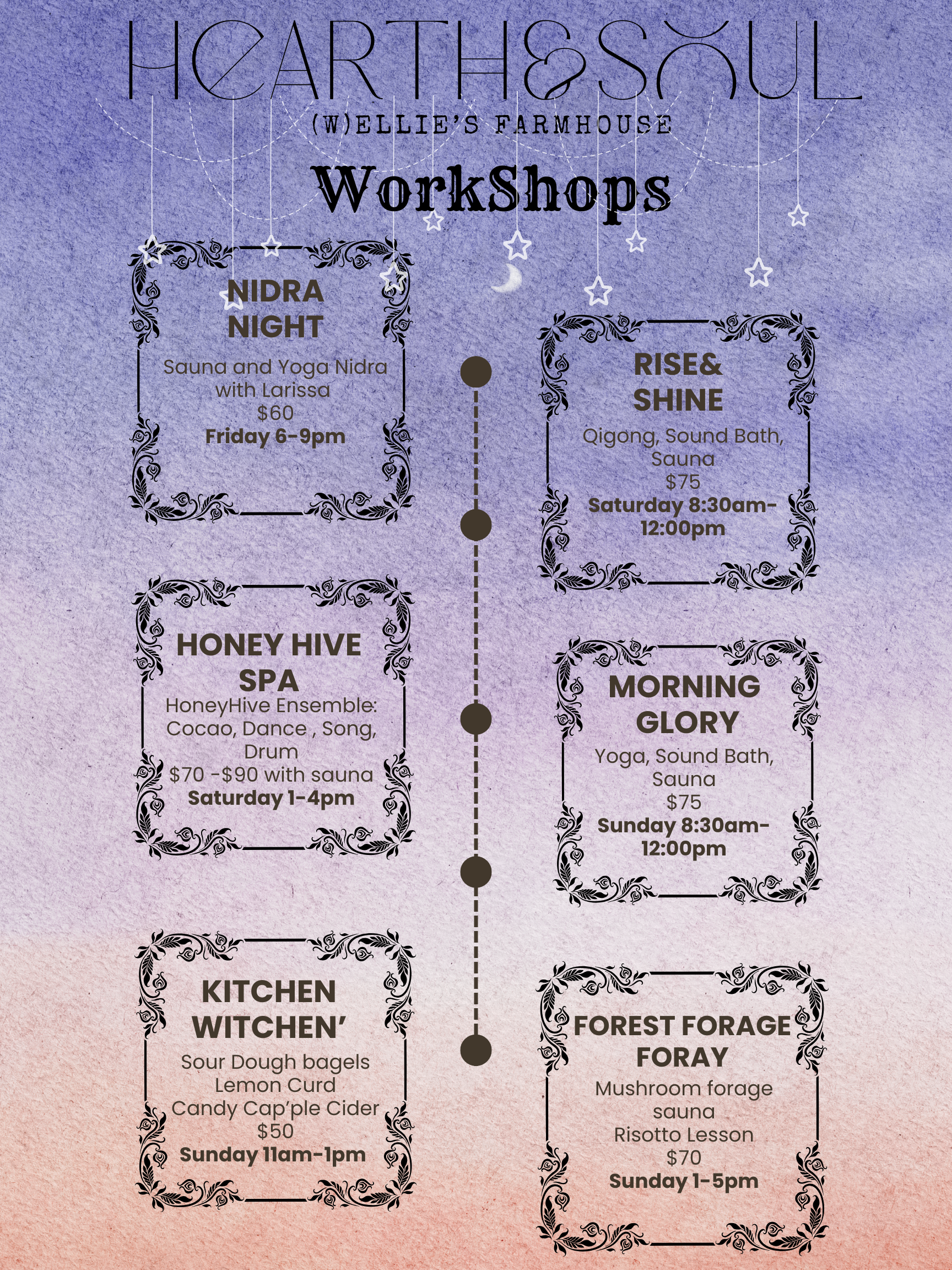 Workshop Lineup at the Farmhouse. All paired with Tent Sauna Experience on the lawn, with cold plunges. Click for booking page