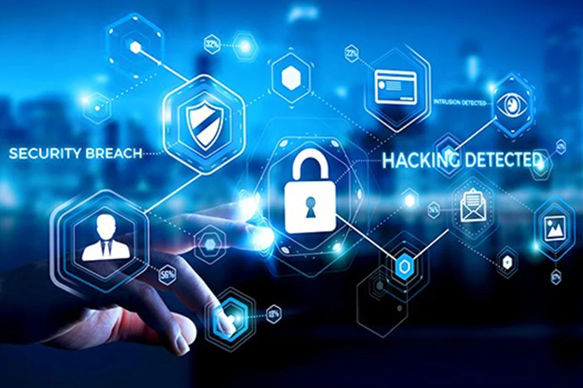 A digital illustration showing cybersecurity, with icons of a padlock, shield, user, and various security symbols, along with text indicating security breaches, hacking detection, and intrusion alerts.