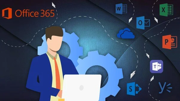 A digital illustration of a businessman using a laptop, with gear icons and Microsoft Office app logos including Word, Excel, PowerPoint, Outlook, Teams, and SharePoint, against a dark tech-themed background.