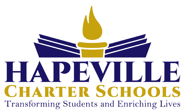 Logo of Hapeville Charter Schools featuring a torch with a blue and gold color scheme and the slogan 'Transforming Students and Enriching Lives.'