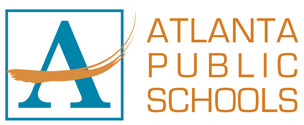 Logo of Atlanta Public Schools featuring a large blue letter 'A' inside a teal square with a brown swoosh, and the text 'ATLANTA PUBLIC SCHOOLS' in brown on a black background.