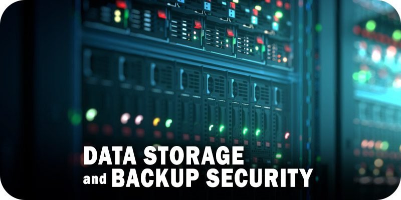 Close-up of server racks with blinking lights in a data center, text overlay reading 'Data Storage and Backup Security'.