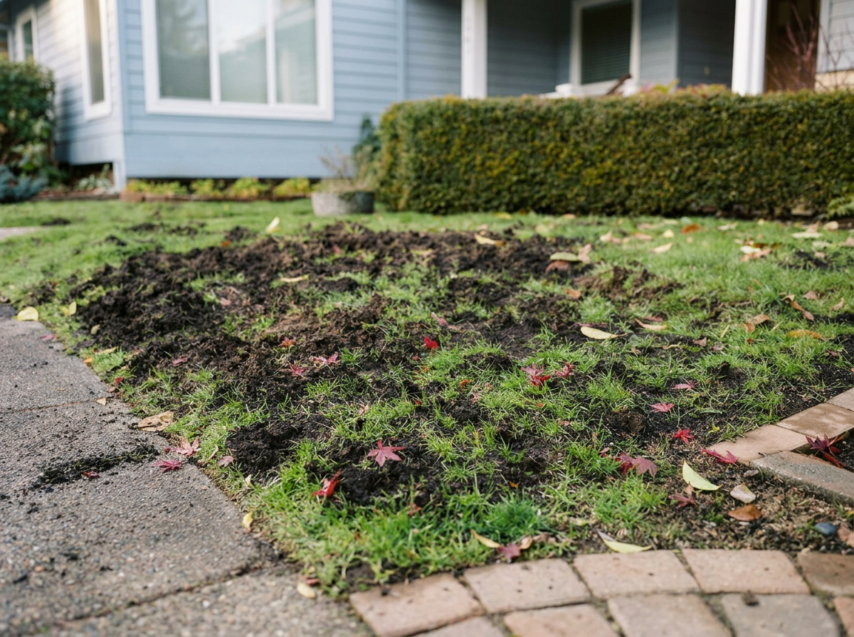 lawn dug up by wildlife looking for grubs