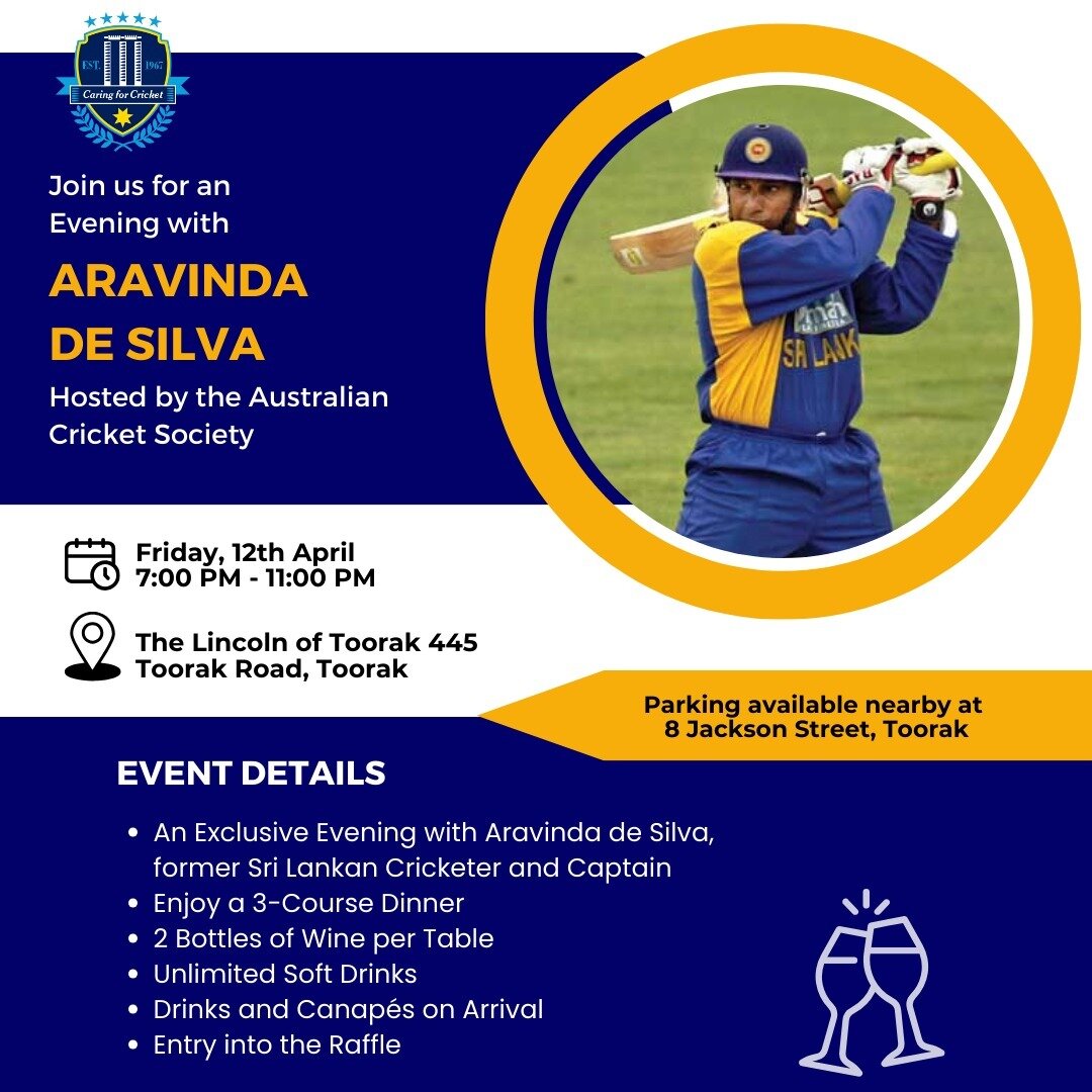 🏏 Join us for an unforgettable evening with cricket legend Aravinda de Silva! 🌟

Indulge in a sumptuous 3-course dinner, mingle over drinks, and hear stories from the cricketing icon himself.

🎤 Book your spot now!

#AravindaDeSilva #CricketLegend