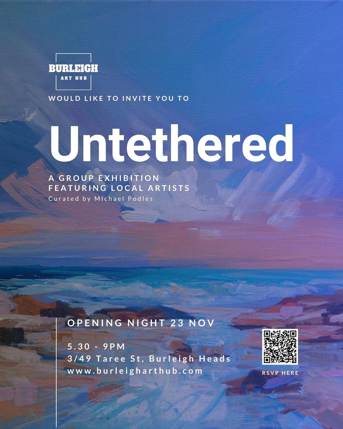 You&rsquo;re invited to Untethered! 

It&rsquo;s a group show featuring 18 talented local Gold Coast artists, and I&rsquo;m so excited to be part of it. 

Join us on 23rd November at @burleigh_art_hub for an eclectic mix of art featuring:

@andreebem