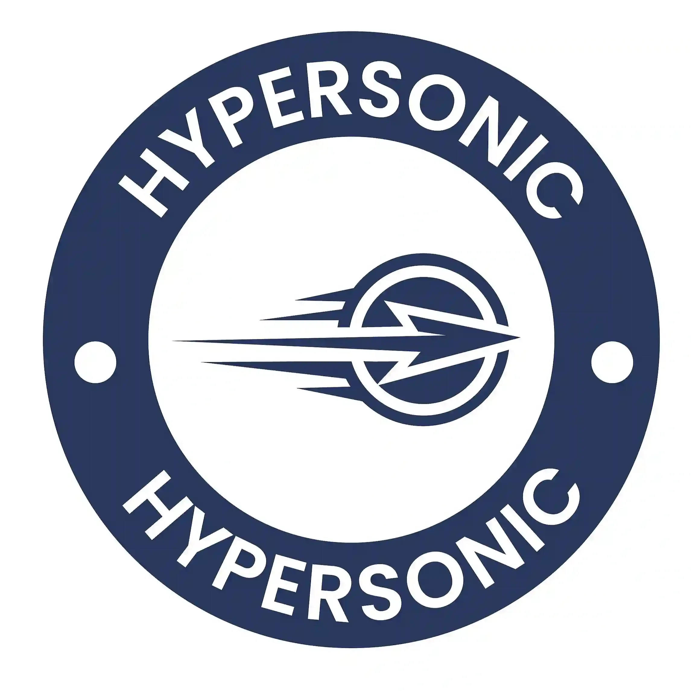 Hypersonic emblem featuring a stylized arrow passing through a circle, surrounded by the words 'HYPERSONIC' on a navy blue circular background.