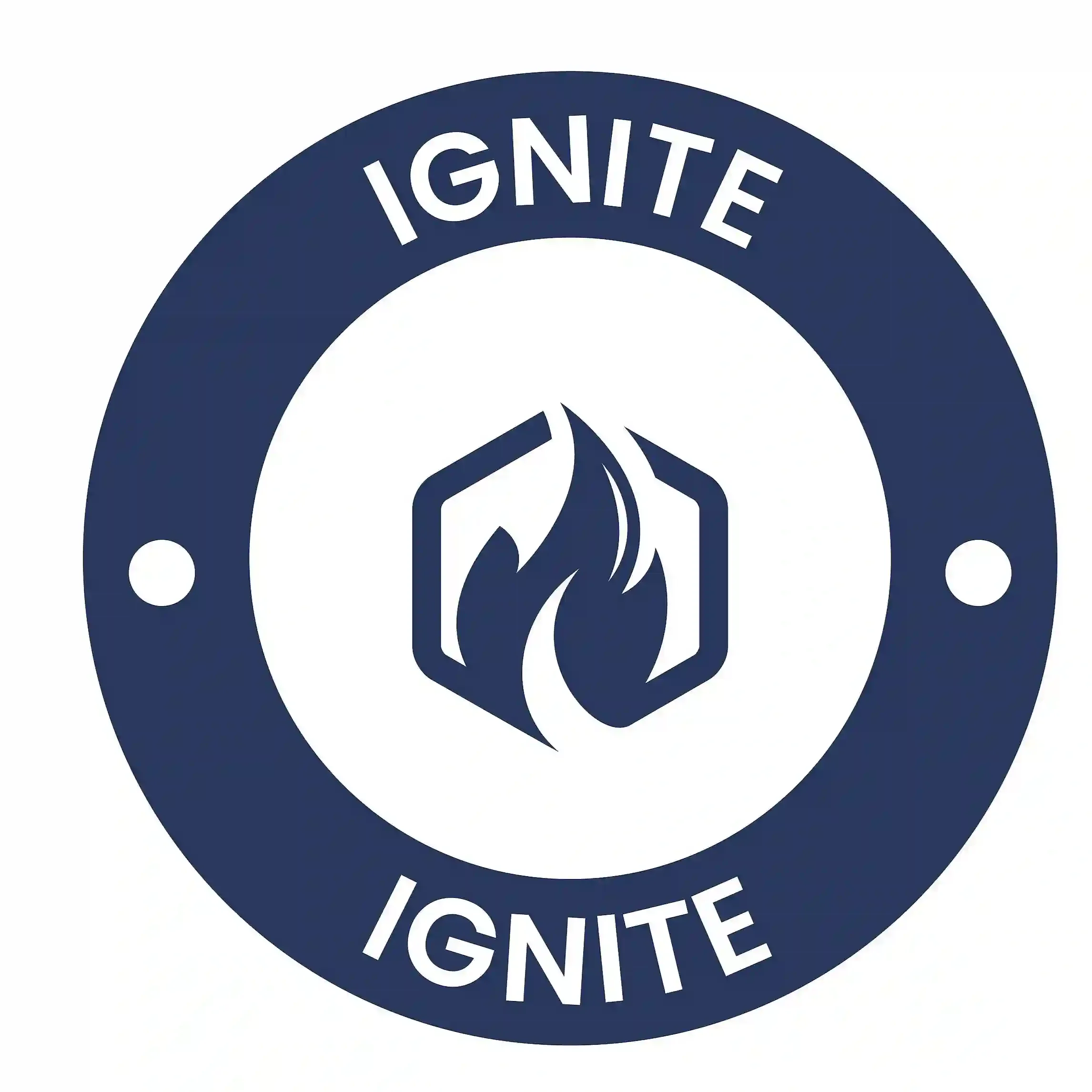 A circular emblem with a dark blue border and the word 'IGNITE' at the top and bottom. Inside the circle is a hexagon with a flame symbol in the center.