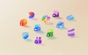 Colorful 3D icons of Microsoft Office apps scattered on a beige surface, including Word, Excel, PowerPoint, Outlook, OneNote, and Teams.