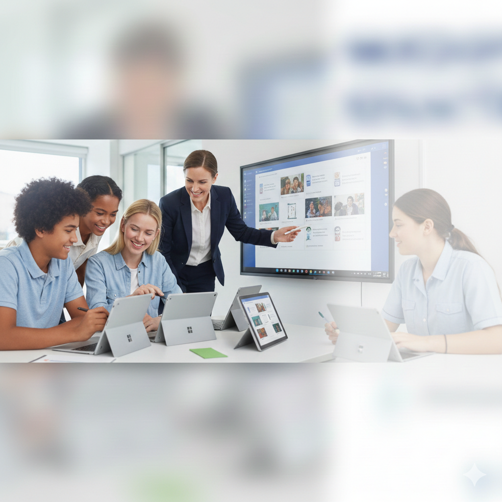 A diverse group of young women in a classroom or meeting room, learning about digital devices and social media, with a teacher or presenter pointing at a large screen displaying social media profiles.