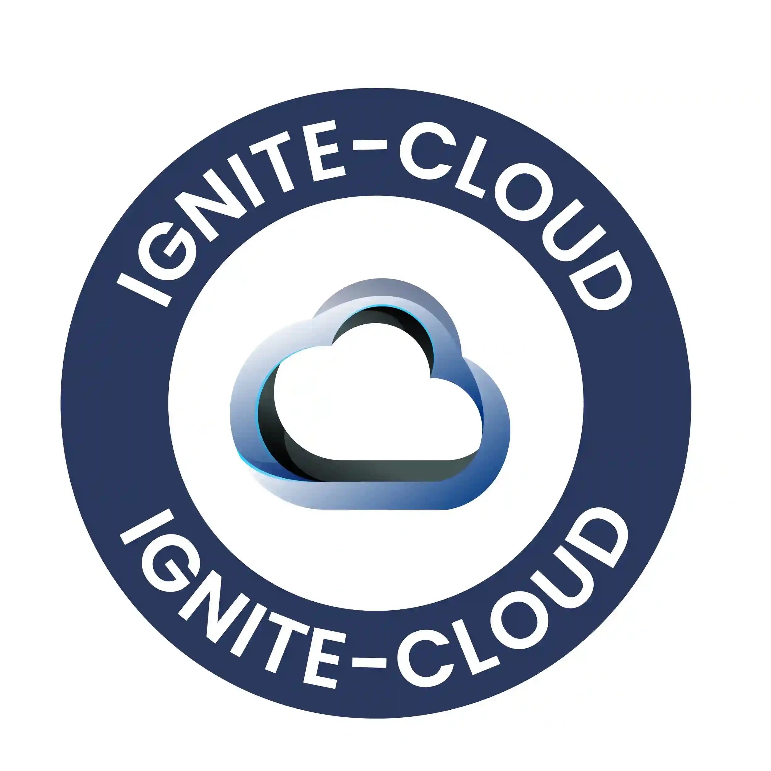 Icon of a cloud with a blue outline surrounded by a circular dark blue border with the text "Ignite-Cloud" repeated twice.