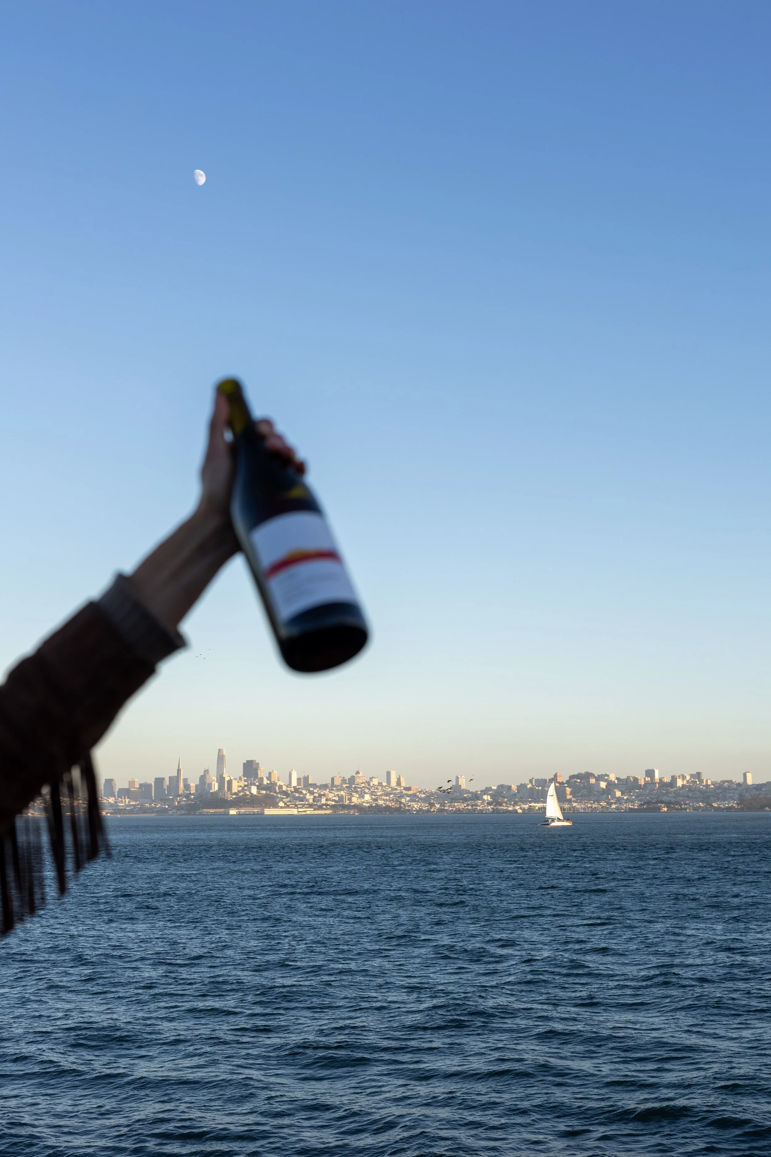 Lifestyle photograph of a wine bottle held in the foreground with Sausalito and waterfront in the background.