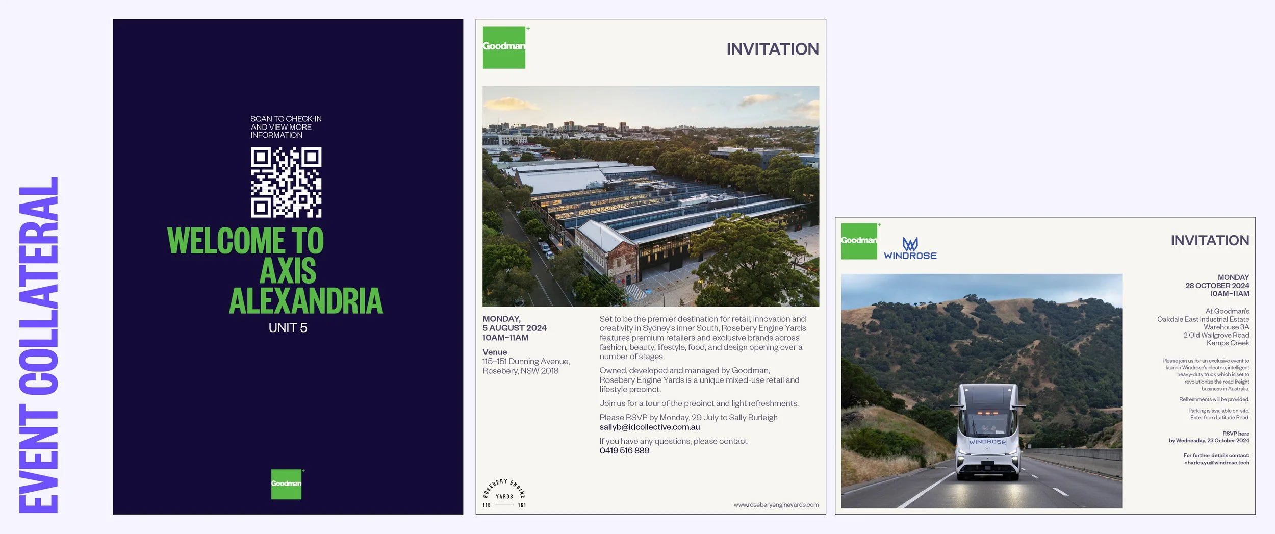 The above are some event collateral I designed for events held by the Goodman marketing team. The first is a QR code sign-in signage, followed by two invitations. 