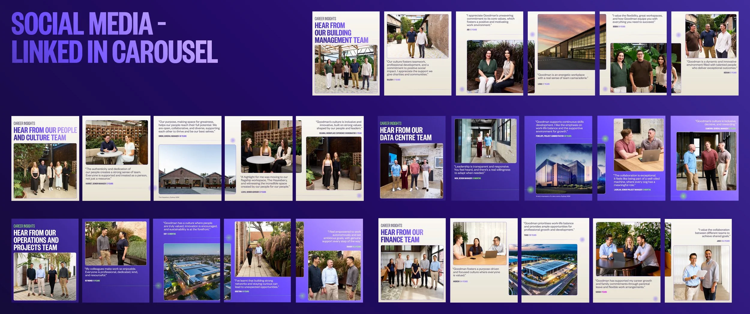 I designed a series of LinkedIn posts along side the Goodman marketing team. The brief was to portray the company's culture so the posts aimed to be friendly, professional while still using some of the newest brand elements like the gradients and the