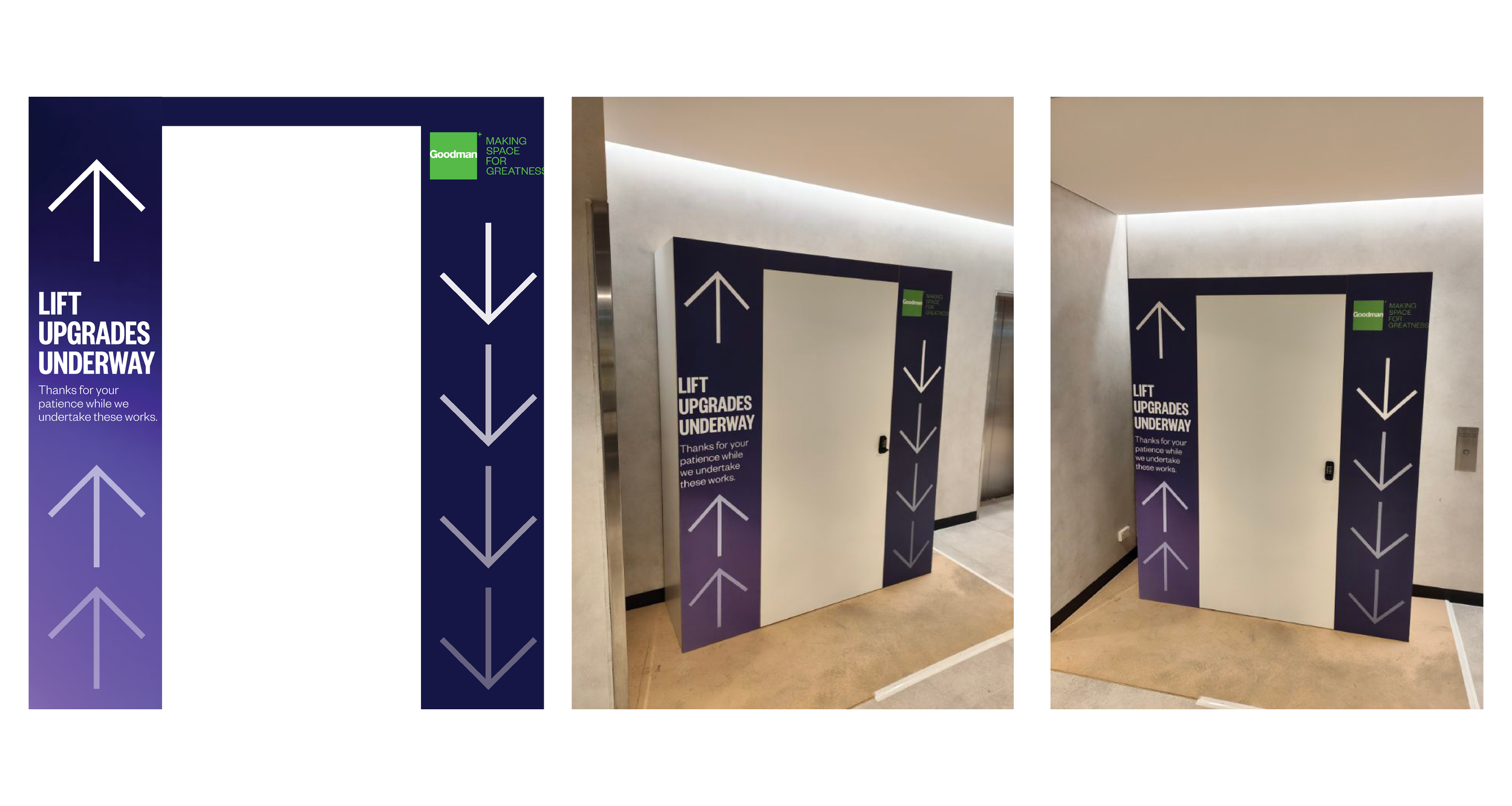 Hoarding designed to cover the outside of the lifts while they were out of order. The use of gradients, arrows and colour created a sense of movement, mimicking the movement of the lift. Text was placed at eye height and the Goodman logo was placed n
