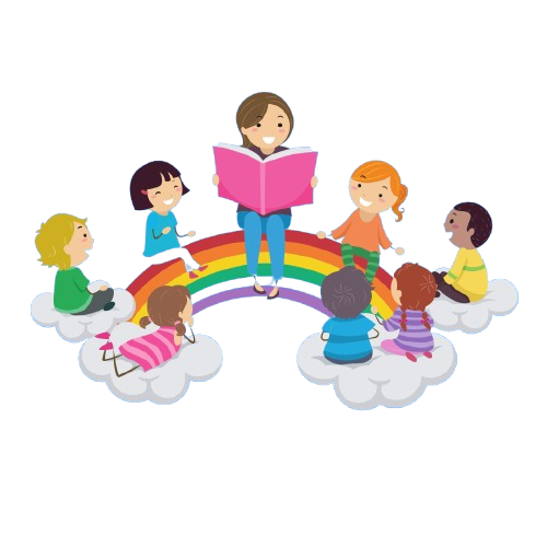 A cartoon of a teacher sitting on a rainbow, reading a pink book to a group of diverse children who are sitting on white clouds.