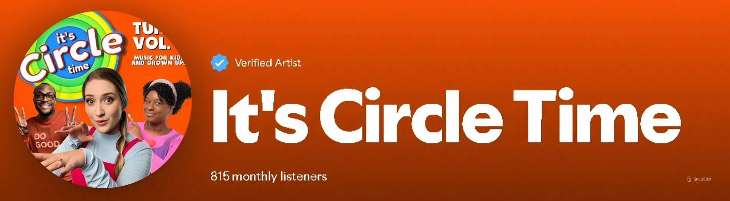 Logo for It’s Circle Time, a children's music podcast, with illustrations of three diverse people and a rainbow-colored circle background.